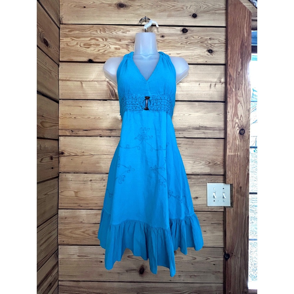 Vintage Turquoise Blue Cotton Halter Midi Dress Crochet Waist Boho Large Hi Lo